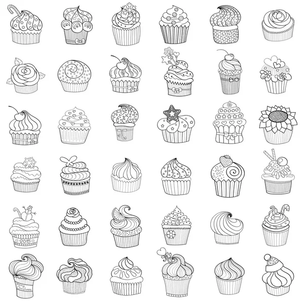 Bocetos de pasteles y cupcakes aislados en blanco. Vector illustr — Vector de stock
