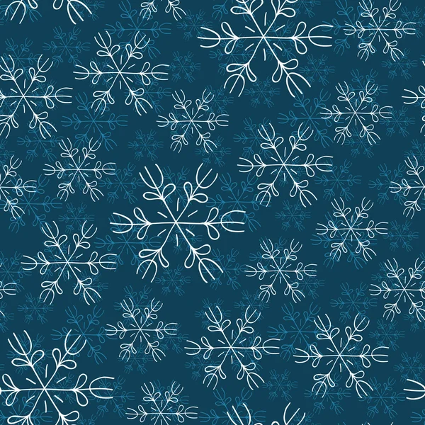 青色の背景のシームレスなパターンの白と青の雪 — ストックベクタ