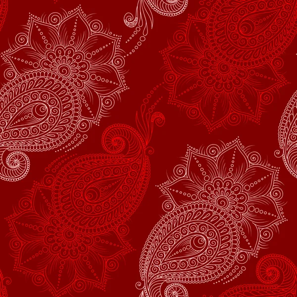 Henna Mehendy Doodles Patrón sin costuras sobre un fondo rojo — Vector de stock