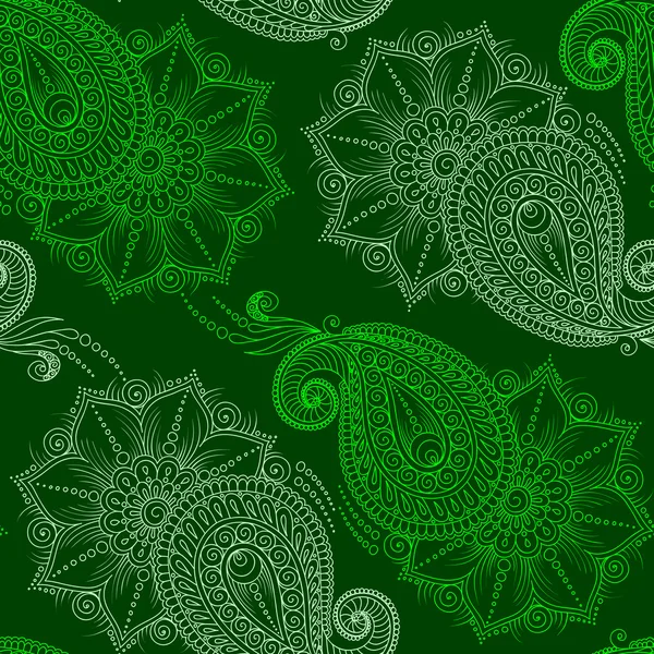 Henna Mehendy Doodles Patrón sin costuras sobre un fondo verde — Vector de stock