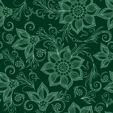 Kına Mehendy Doodles Seamless Modeli yeşil bir arka plan üzerinde