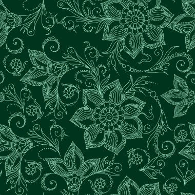 Henna Mehendy Doodles Seamless Pattern on a green background clipart