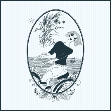 Vintage kız bir bisiklet ile gidiyor. Vektör. İllüstrasyonlar kümesi. Gree