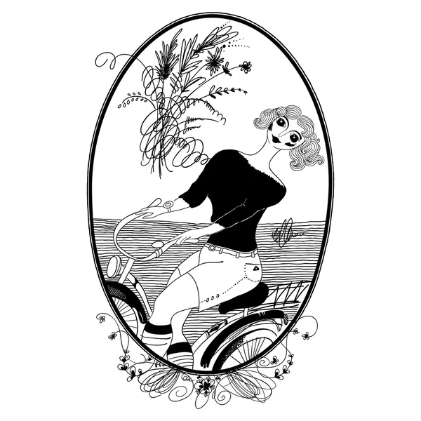 Chica de la vendimia monta en bicicleta. Vector. Conjunto de ilustraciones. Gree. — Vector de stock