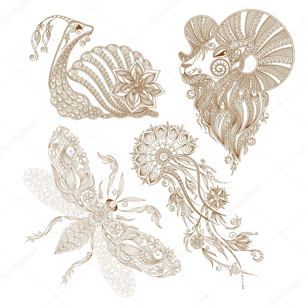 Vector snail, butterfly, jellyfish, ram elements indian mehendy