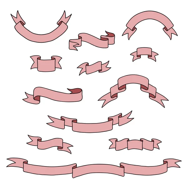 리본 배너 빈티지 손으로 그린 세트 — 스톡 벡터