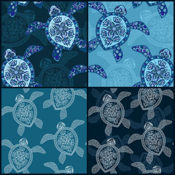 Set of vintage seamless patterns with turtles — 图库矢量图片