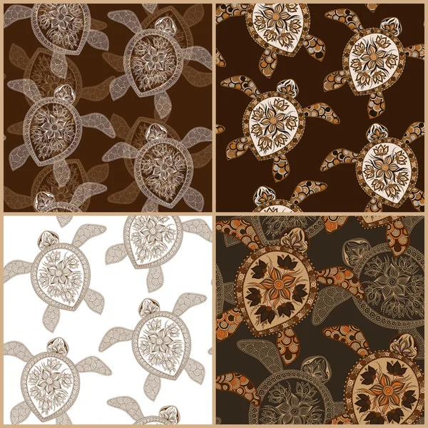 Set of vintage seamless patterns with turtles — Διανυσματικό Αρχείο