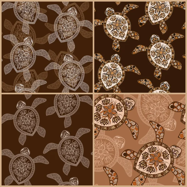 Set of vintage seamless patterns with turtles — Διανυσματικό Αρχείο