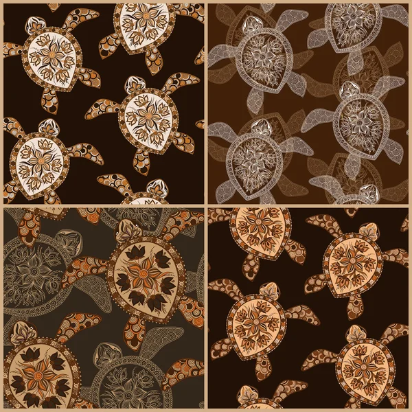 Set of vintage seamless patterns with turtles — Stok Vektör