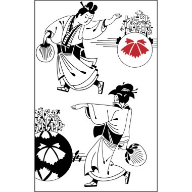 Japon iki geleneksel kıyafet içinde Sketch. Vintage el dra