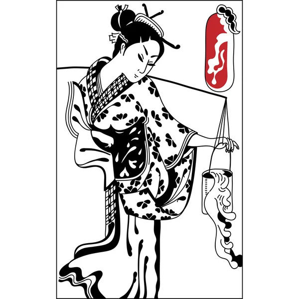 Geisha. Mujer japonesa.Bandera japonesa. Vintage mano dibujar arte — Vector de stock