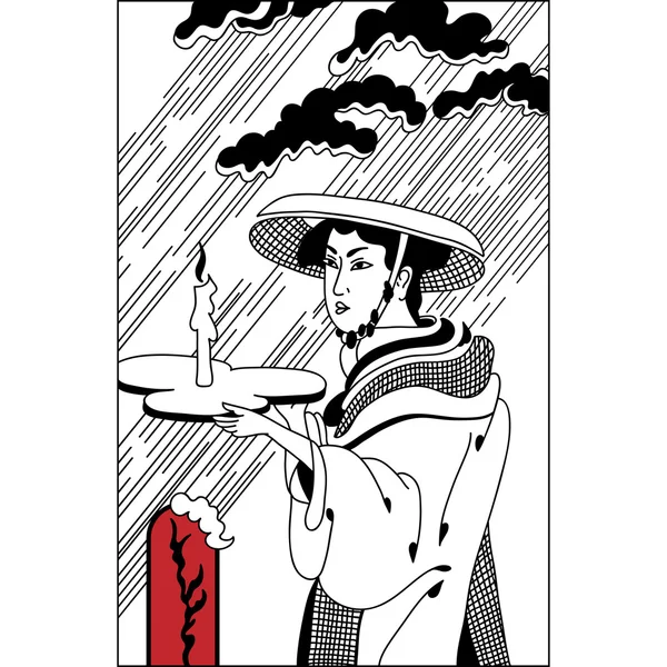 Japonka, gejsza ze świecą w deszczu. Archiwalne strony dr — Wektor stockowy