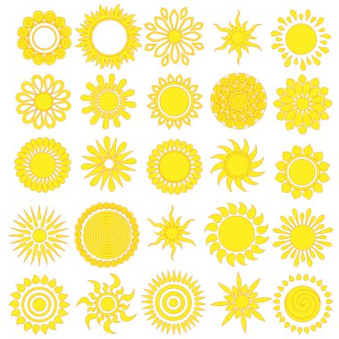 Vektör set farklı elle çizilmiş güneşler. izole.