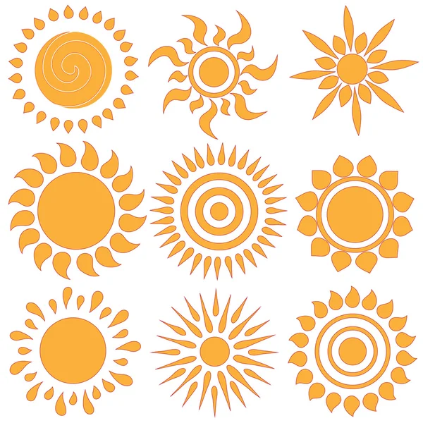 Vektorsatz aus verschiedenen handgezeichneten Sonnen. isoliert. — Stockvektor