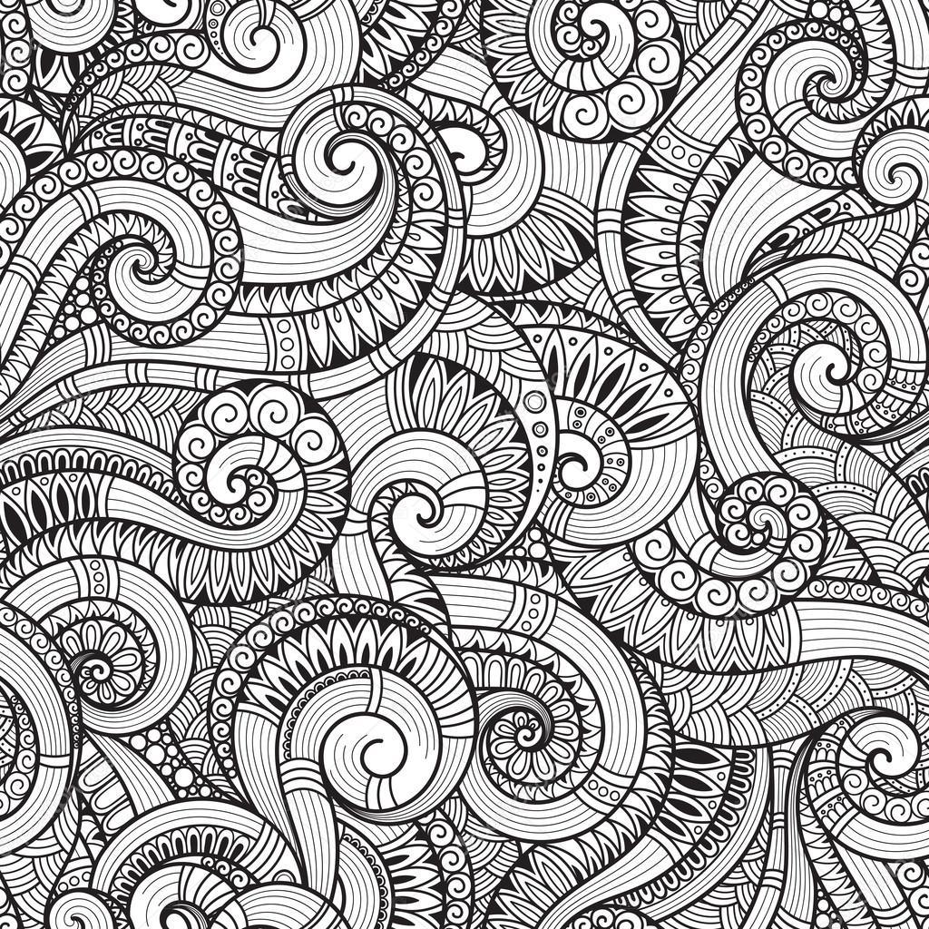 Seamless black and white abstract hand-drawn pattern, waves back