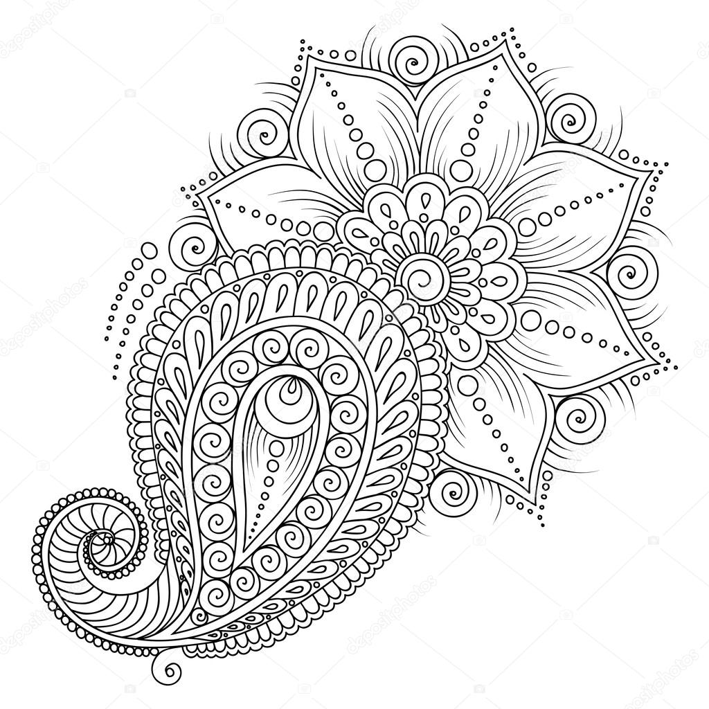 Pattern for coloring book. Floral elements in indian style.