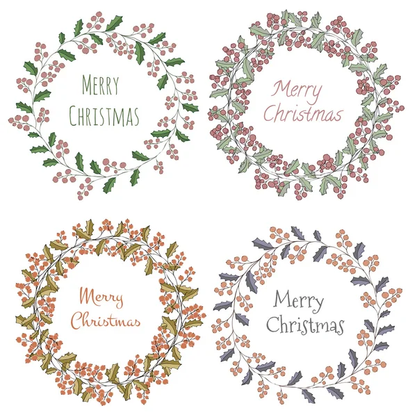 Τέσσερις στεφάνι του holly Χριστούγεννα χαιρετισμό ευχετήρια κάρτα — Διανυσματικό Αρχείο