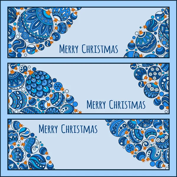 Conjunto de banners elegantes de Natal Azul com bolas de doodle — Vetor de Stock