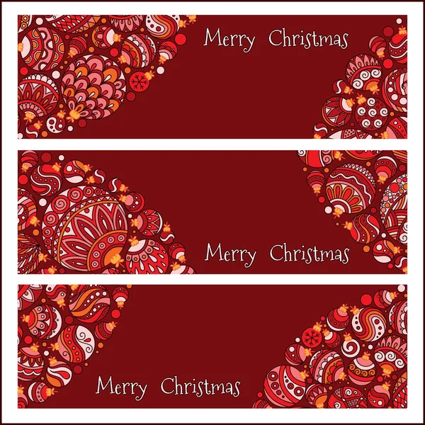 Σύνολο κομψό κόκκινο χριστουγεννιάτικο πανό με doodle μπάλες — Διανυσματικό Αρχείο