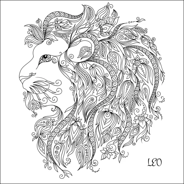 Zodiac sign - Leo. Hand drawn doodle scorpion with elements of the ornament in ethnic style, of lace flowers, tendrils and leaves . Vector illustration, Isolated on white. — Stock Vector