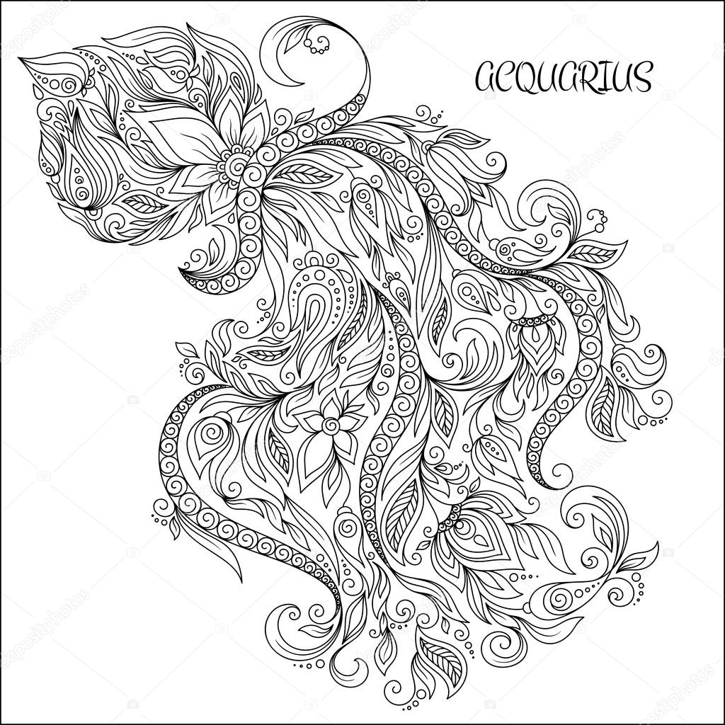 Hand drawn pattern for coloring book zodiac Aquarius. 