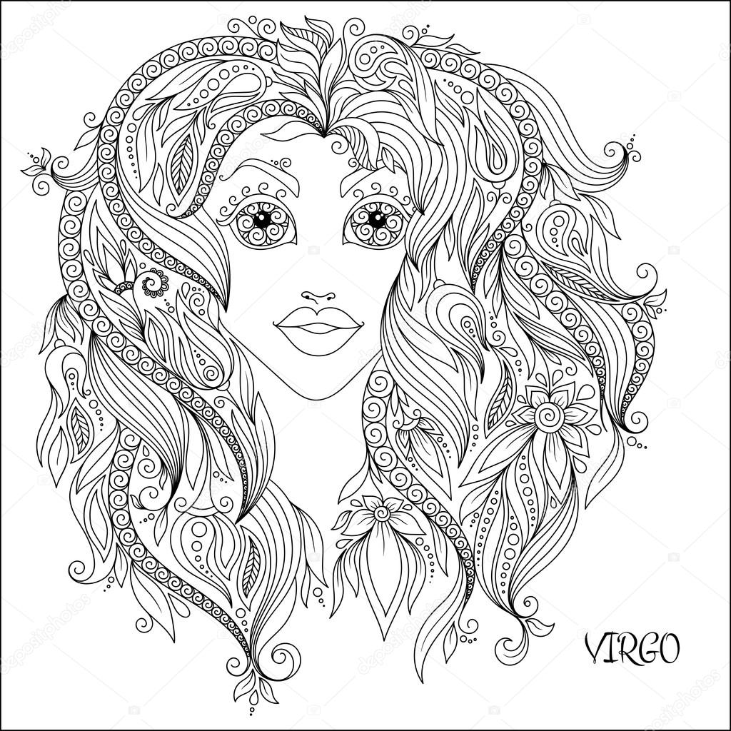 Hand drawn pattern for coloring book zodiac Virgo. 