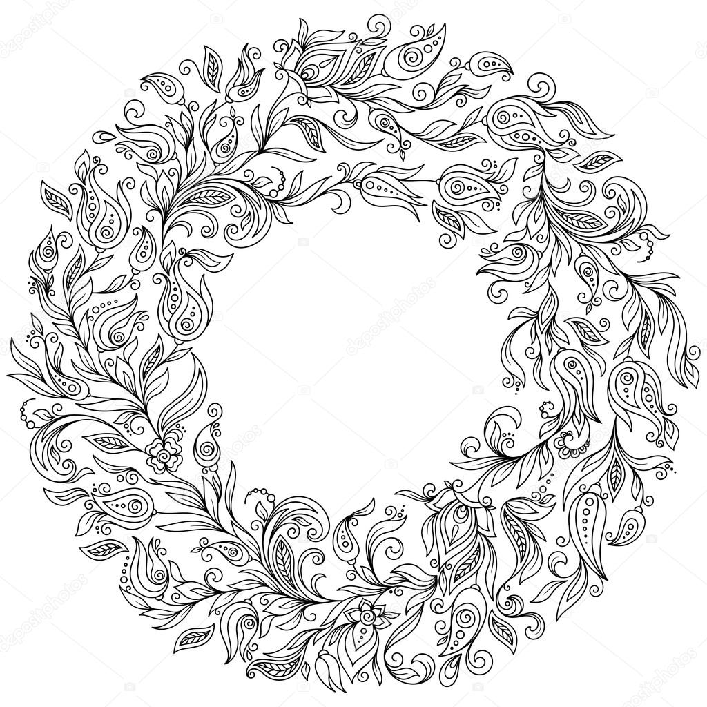 Pattern for coloring book. Floral, doodle, vector, wreath