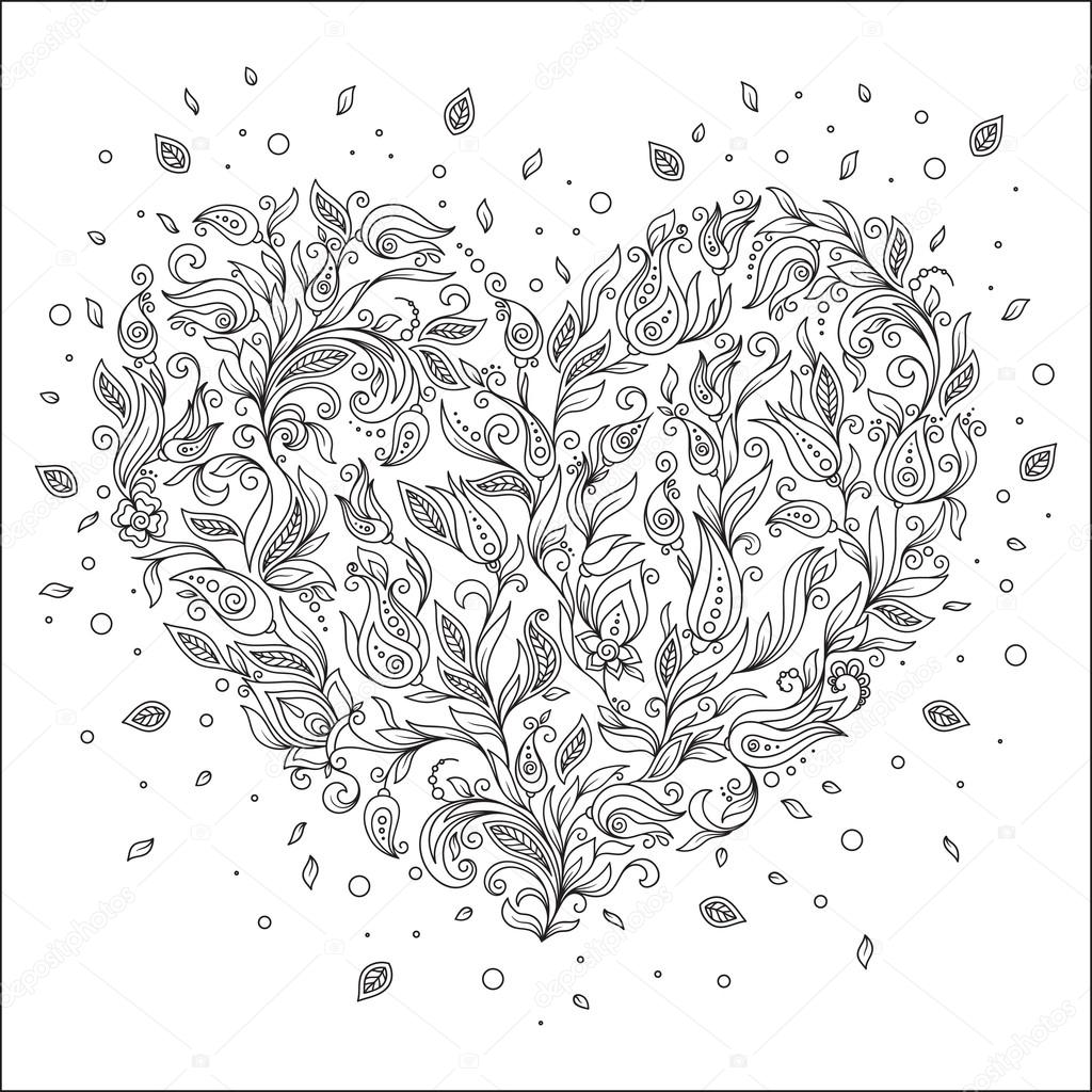 Coloring page flower heart St Valentine's day greeting card 