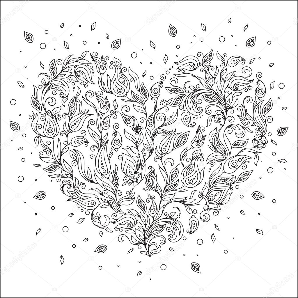 Coloring page flower heart St Valentine's day greeting card 