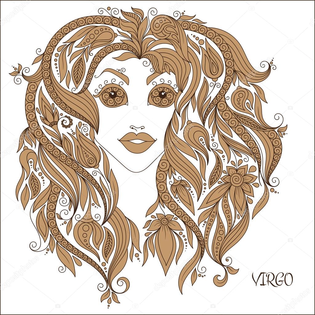 Modello per libro da colorare Arte fiori linea dello zodiaco Virgo disegnata a mano Simbolo di Horoscope per il vostro uso Per l arte del tatuaggio