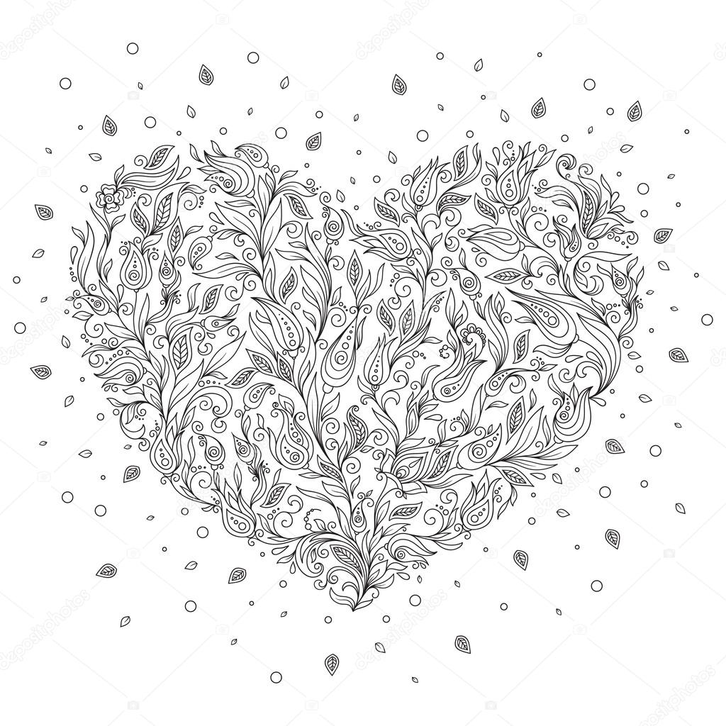Disegni da colorare cuore fiore pagina mano cartolina d auguri di San Valentino fatto stampa arte digitale Pagina da colorare con dettagli isolato su