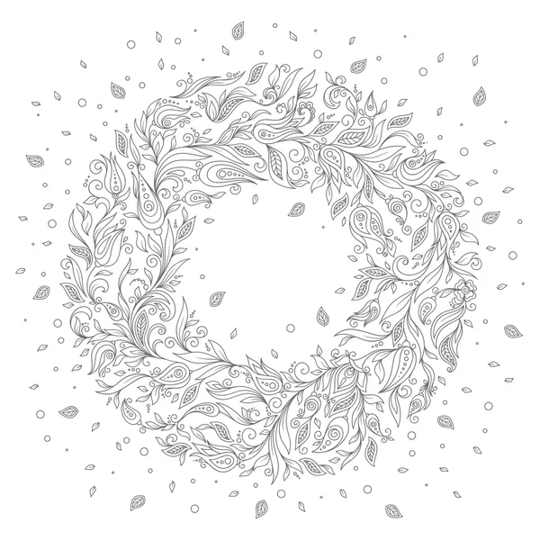 Ornamento dibujado a mano con corona floral — Vector de stock