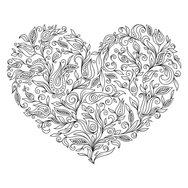 Dibujo para colorear corazón de flores Día de San Valentín — Archivo Imágenes Vectoriales