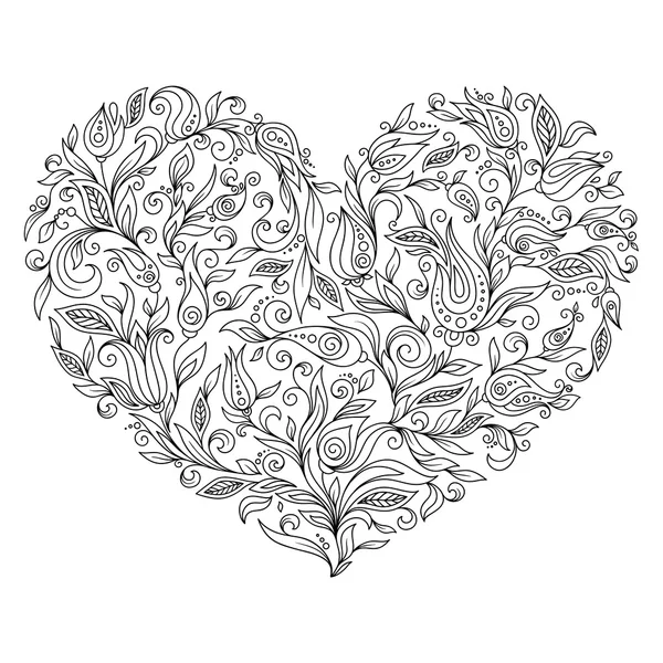 Dibujo para colorear corazón de flores Día de San Valentín — Vector de stock