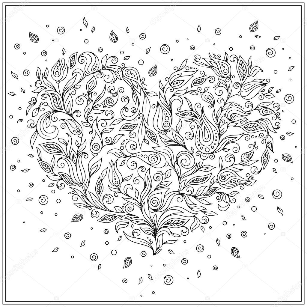 Disegni da colorare cuore fiore pagina giorno di San Valentino — Vettoriale Stock