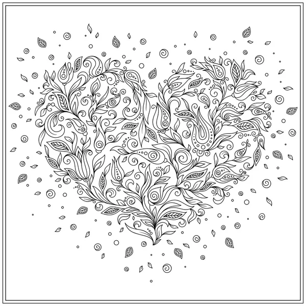 Dibujo para colorear corazón de flores Día de San Valentín — Vector de stock