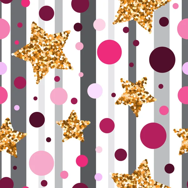 Seamless pattern with gold glitter textured stars and pink circl — Stok Vektör