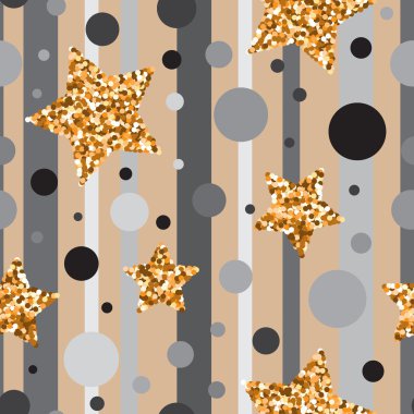 Seamless pattern with gold glitter textured stars and pink circl