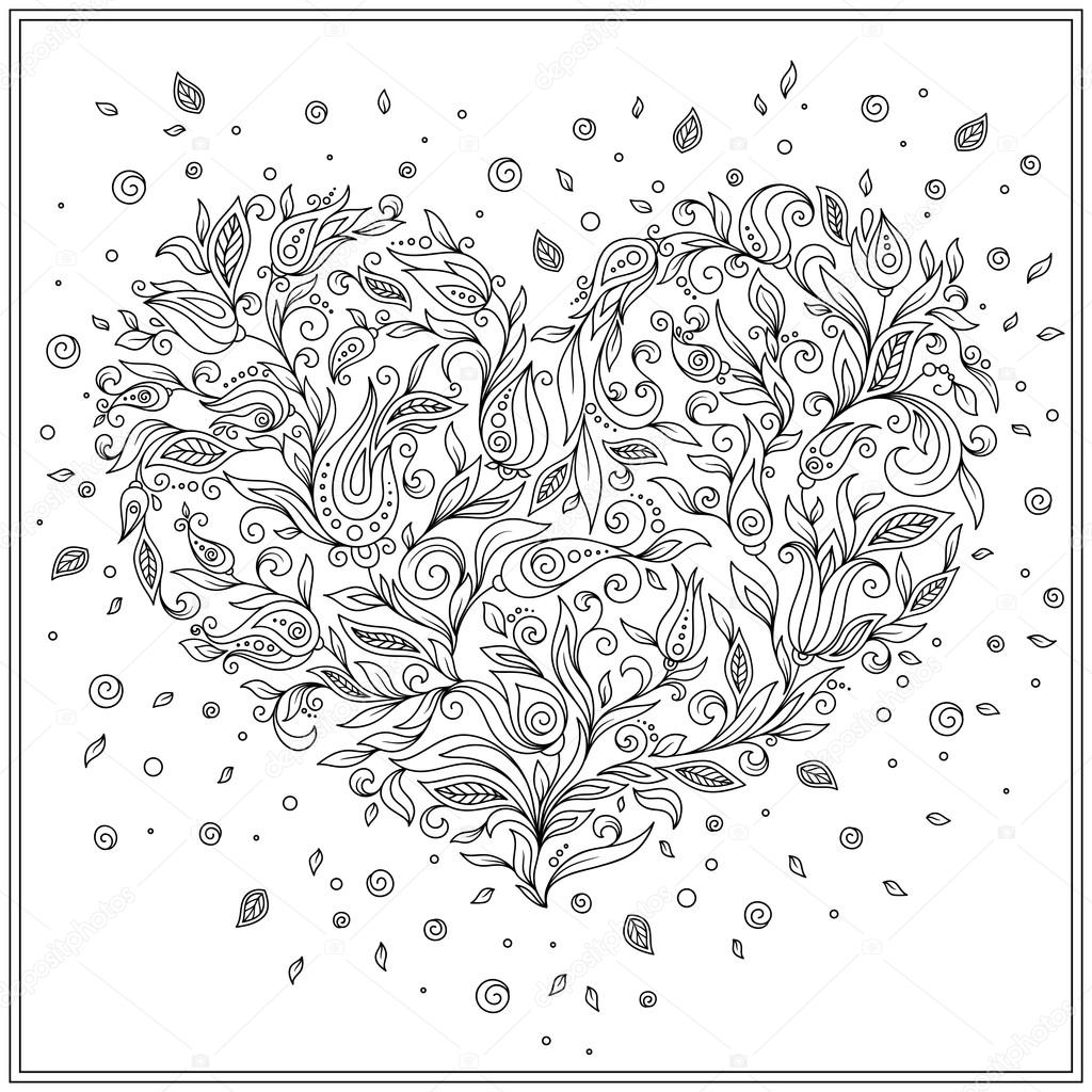 Coeur de fleur page St Valentin   colorier — Image vectorielle