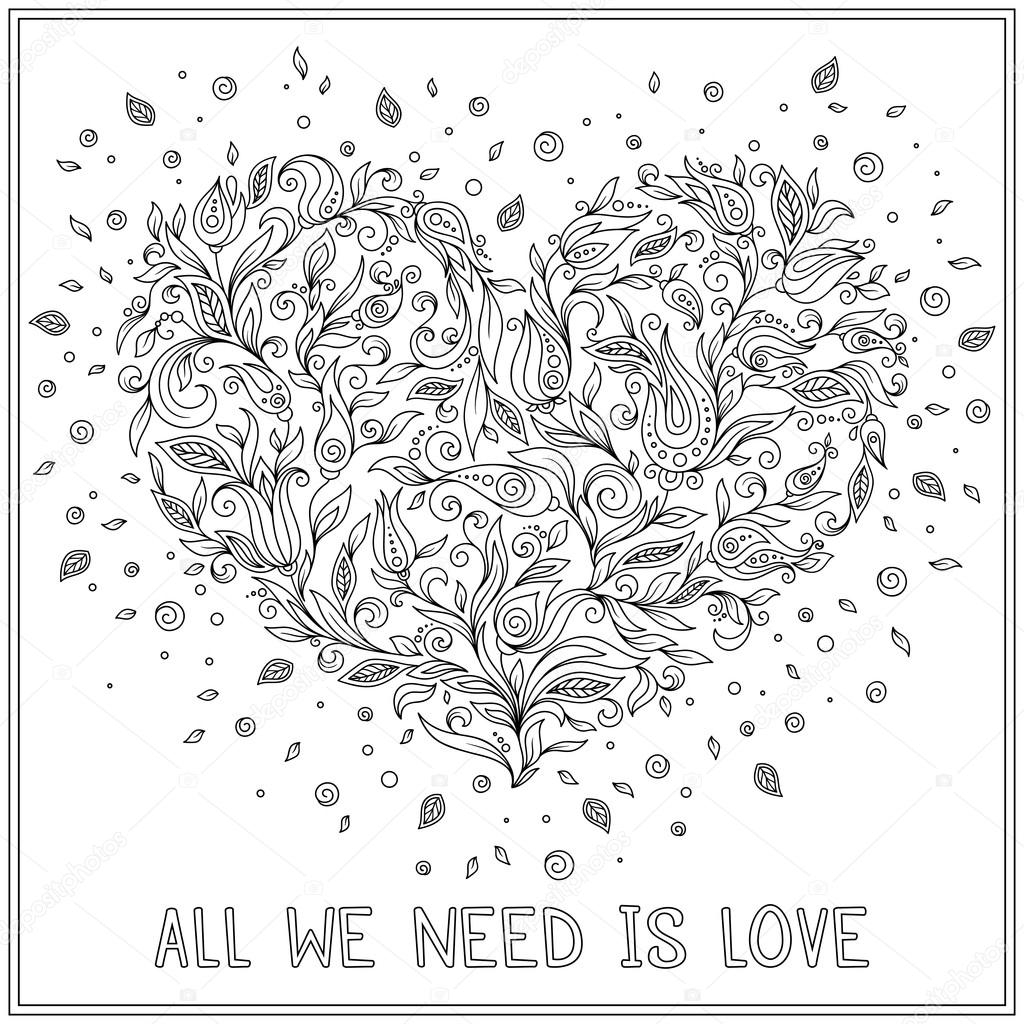 Disegni da colorare cuore fiore pagina giorno di San Valentino — Vettoriale Stock