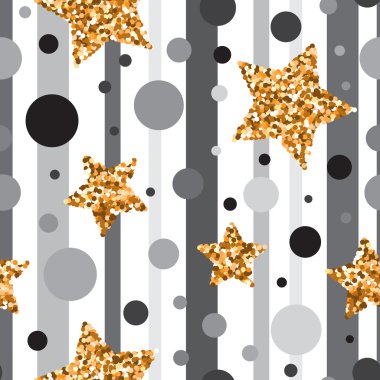 Seamless pattern with gold glitter textured stars and pink circl