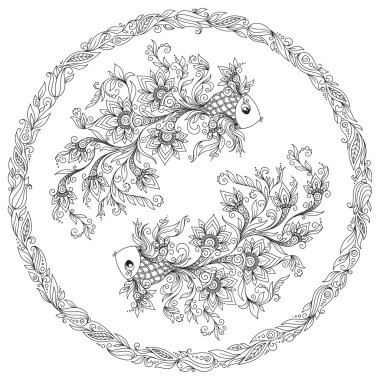 Pattern for coloring book. Zodiac Pisces.
