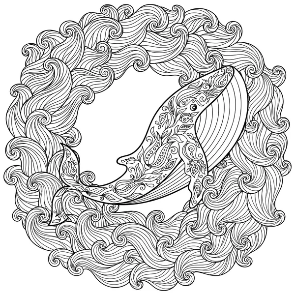 Baleine dessinée à la main dans les vagues pour anti stress Coloriage — Image vectorielle