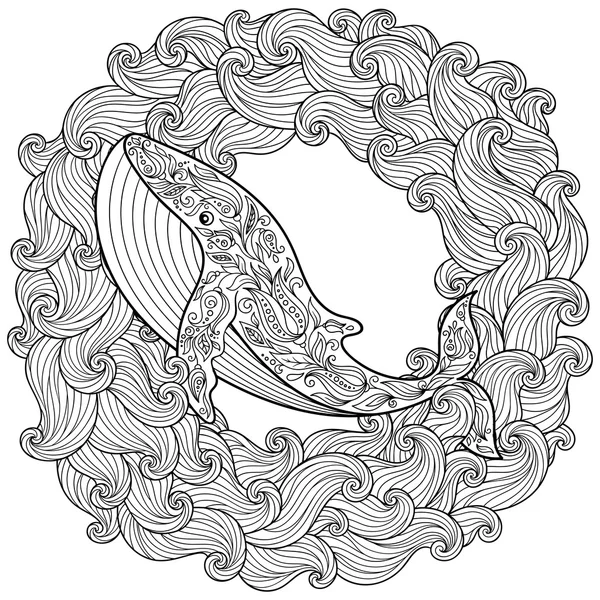 Baleine dessinée à la main dans les vagues pour anti stress Coloriage — Image vectorielle