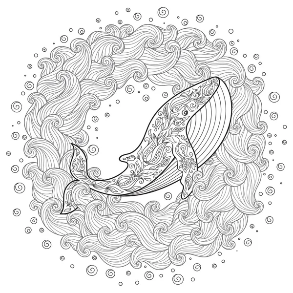 Balena disegnata a mano tra le onde per anti stress Coloring Page — Vettoriale Stock