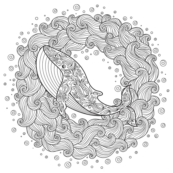 Baleine dessinée à la main dans les vagues pour anti stress Coloriage — Image vectorielle