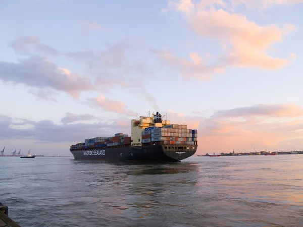 Konteynırlarla Dolu Büyük Bir Konteyner Gemisi Felixstowe Limanı Ndan Ayrılıyor — Stok fotoğraf