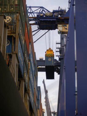 Felixstowe Limanı 'nın rıhtımında yoğun bir sis bulutunun altında bir atış..