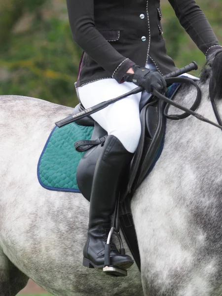 Nahaufnahme Eines Reiters Showkleidung Auf Einem Schimmel — Stockfoto